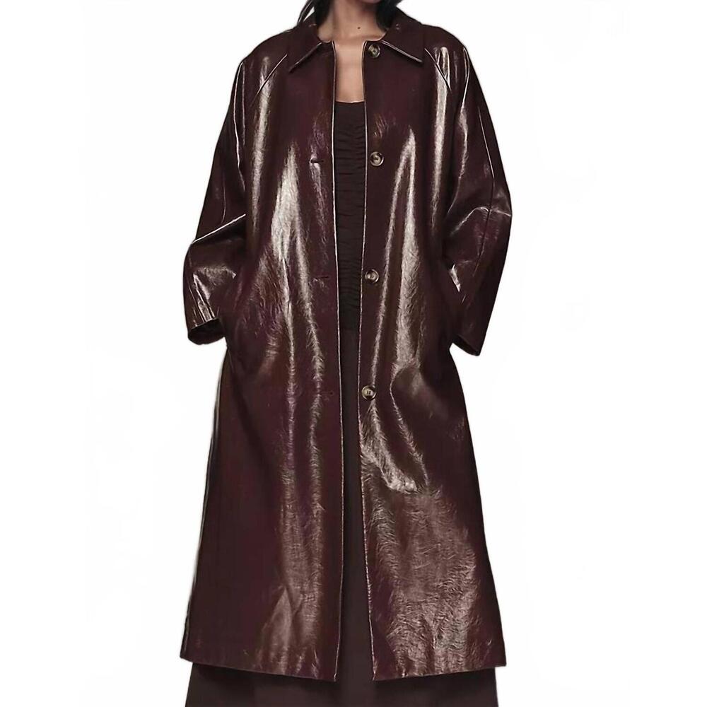 NEW FRNCH halimi faux leather trench coat in bordeaux